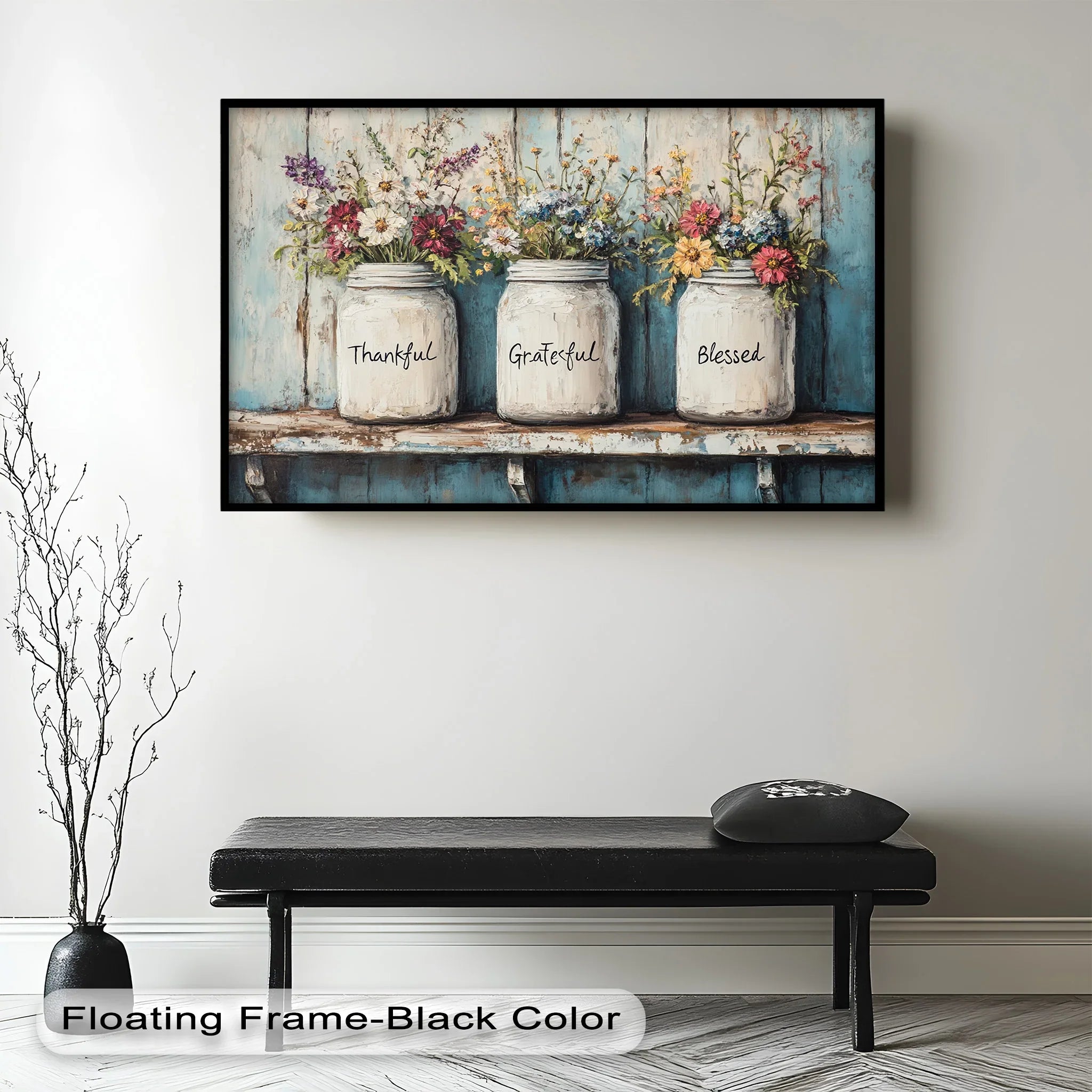 Rustic floral wall art with mason jars labeled Thankful, Grateful, Blessed.
