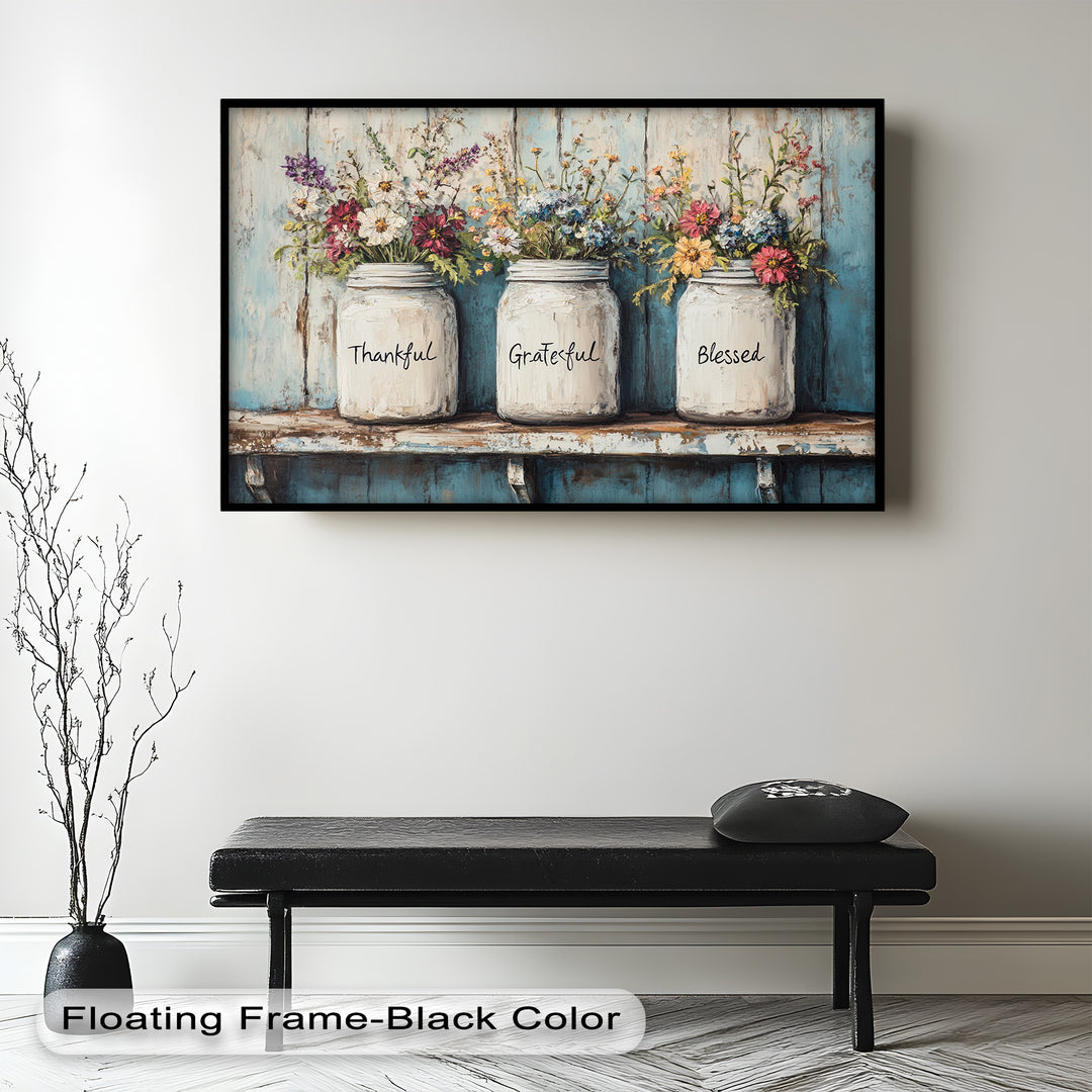 Rustic floral wall art with mason jars labeled Thankful, Grateful, Blessed.
