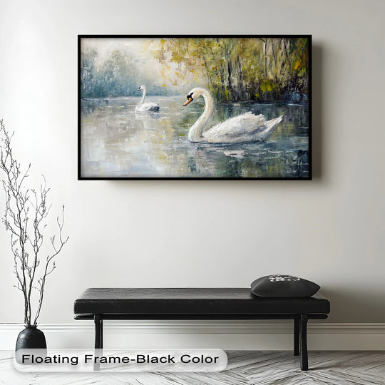 Brightest area illuminates the lake in this captivating oil painting art piece depicting swans gliding on the tranquil water, showcasing an animal oil painting in exquisite detail.