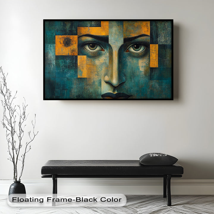 Expressive abstract face painting with striking eyes and geometric accents.
