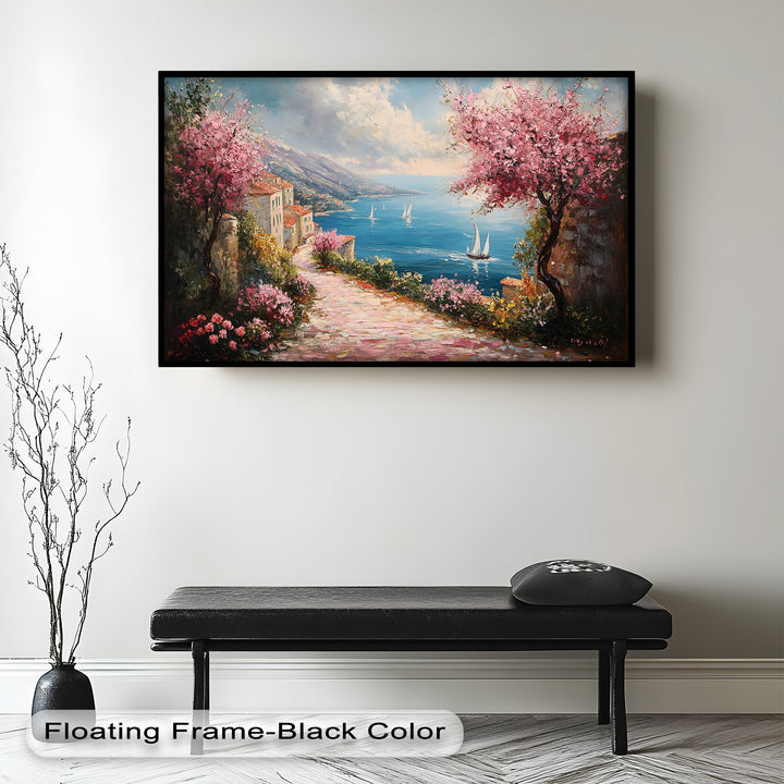 Incredible Sea Street & Spring Blossoms – Coastal Charm Oil Painting