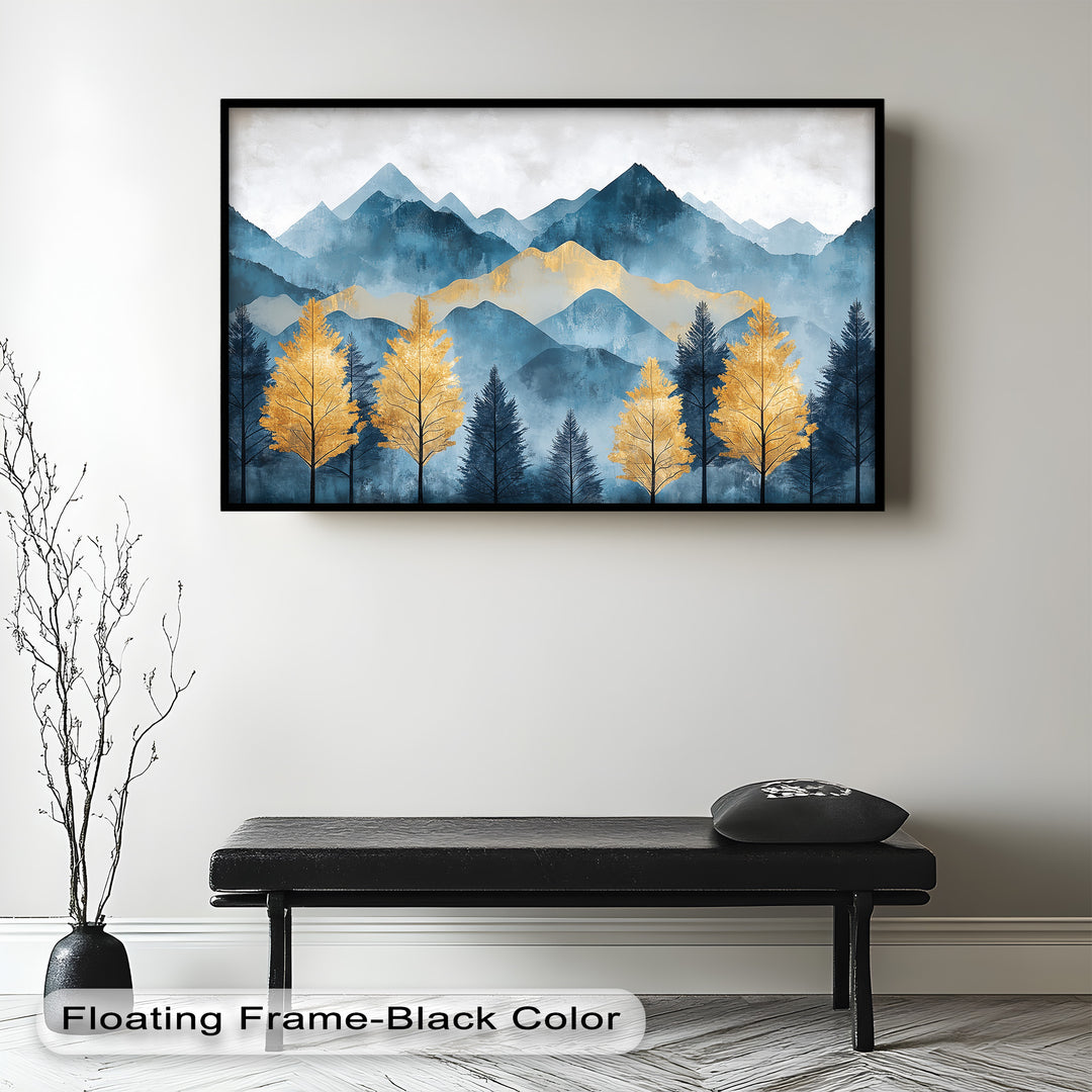 Blaue und goldene Aquarell-Berglandschaftskunst – Atemberaubende Ölgemälde
