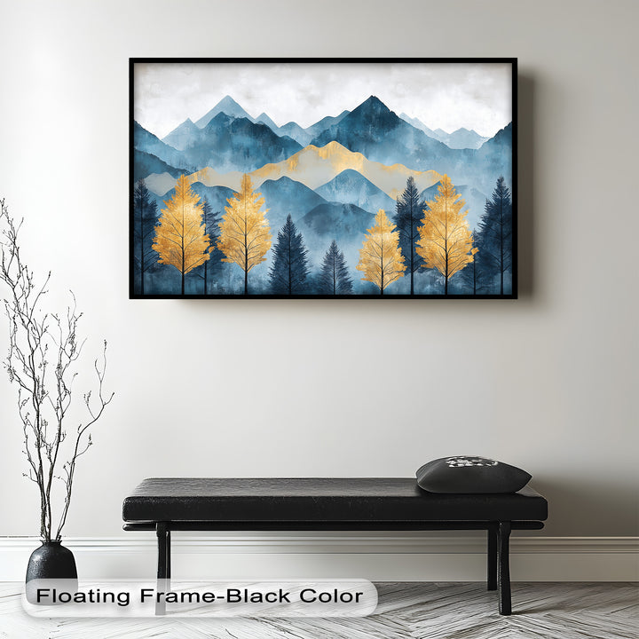 Blaue und goldene Aquarell-Berglandschaftskunst – Atemberaubende Ölgemälde