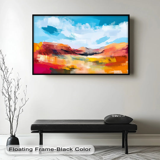 Light and shadow define the strokes of this dramatic oil painting artwork, where a 'Crimson Horizon' bursts with red, orange, and blue hues in an abstract desertscape.