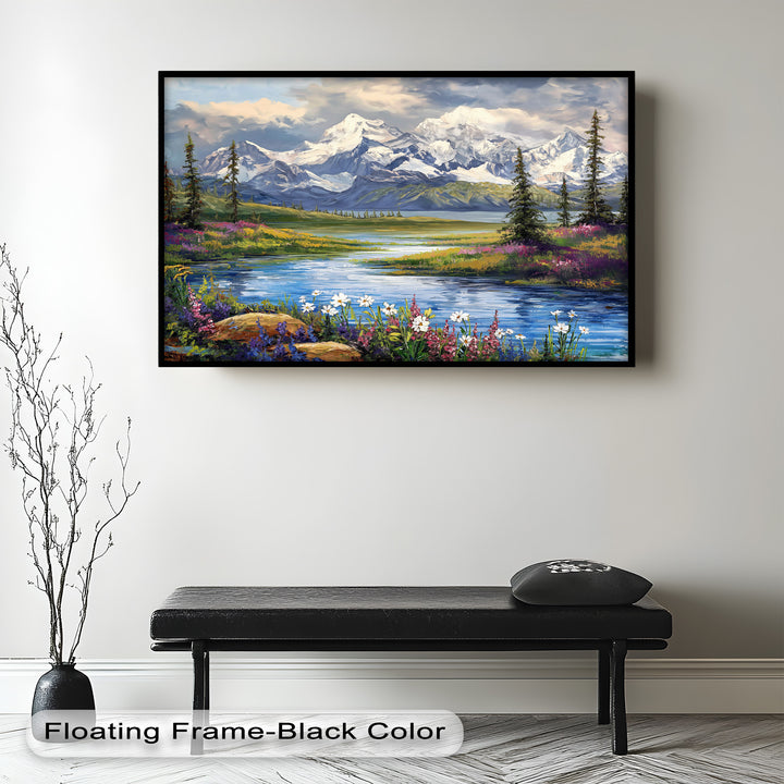 Vintage Mountains & River – Framed Oil Painting