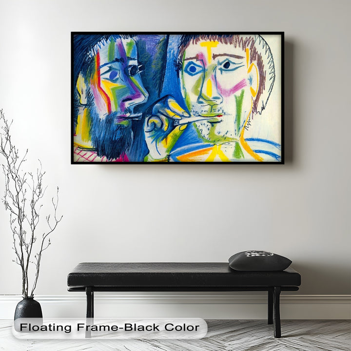 A dynamic and emotional pastel drawing of two stylized figures sharing a moment, rendered in rainbow hues.
