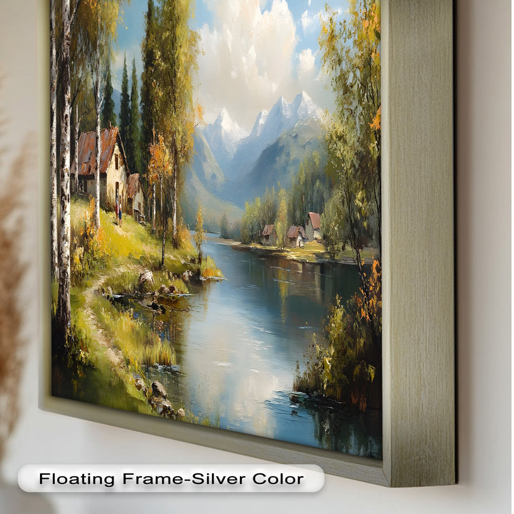 Idyllic mountain retreat with cottages and forest-lined waters.
