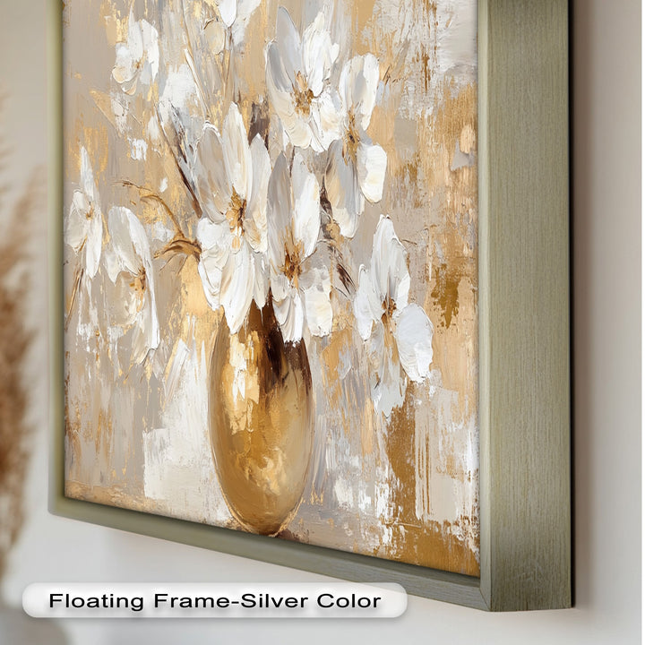Golden Vase with White Florals – Flower Oil Painting