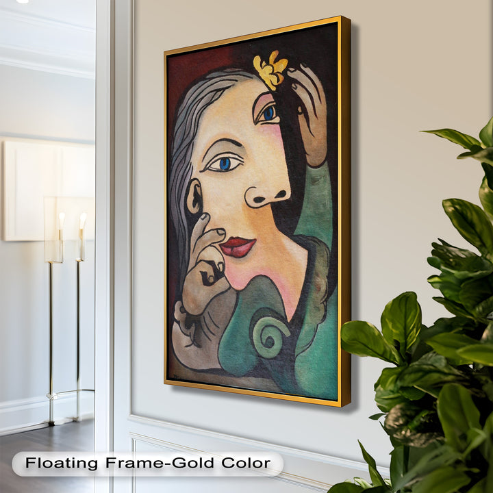 Whimsical Bloom – Surreale Frau mit gelber Blume Picasso Ölgemälde