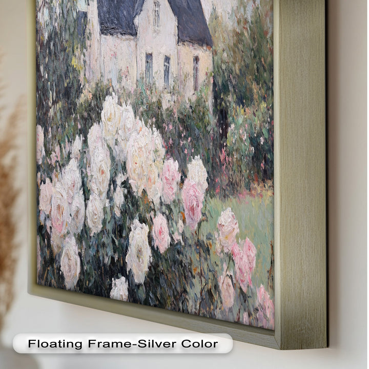 Cottage Garden Roses – Impressionist Floral House Scene Oil Painting