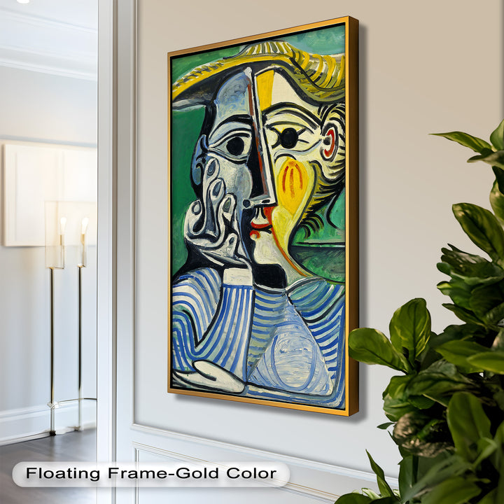Nachdenklicher Blick – Gestreifte Frau mit Sonnenhut Picasso Ölgemälde