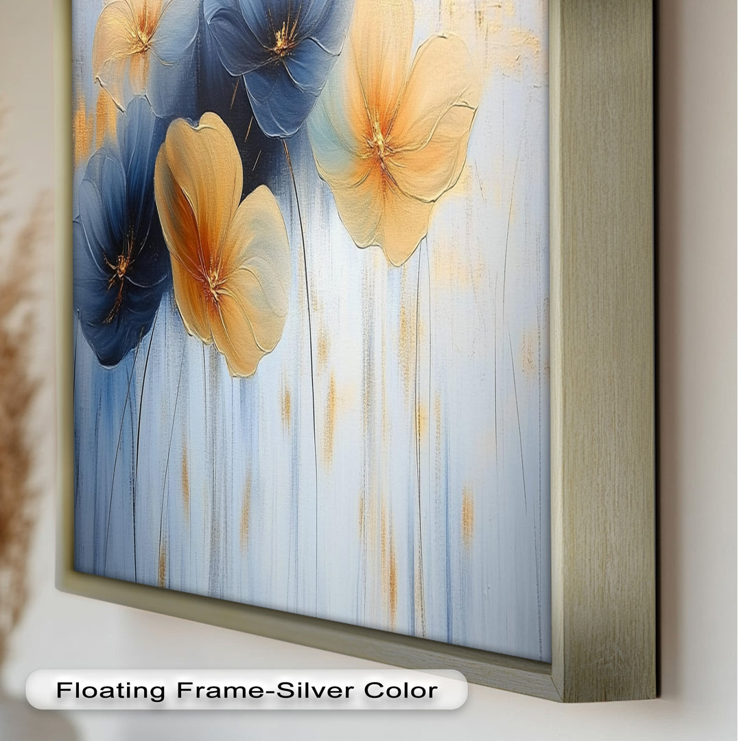 Blaue und gelbe Blumenkunst – Gerahmtes Ölgemälde