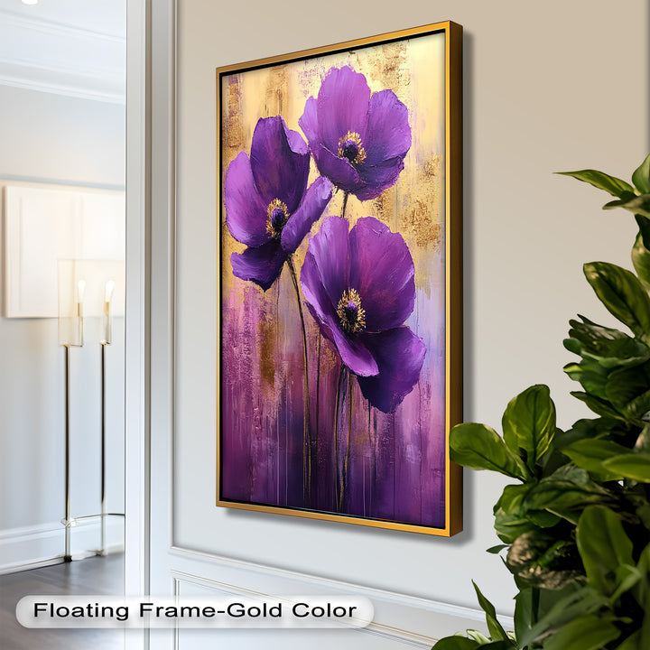 Velvet Blossoms – Purple Floral Elegance with Gold Flower Oil Painting