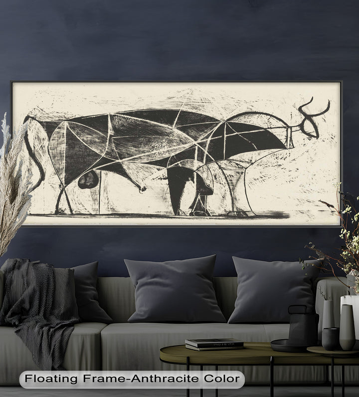 A monochromatic abstract etching of bulls, where sharp angles and sweeping curves create a sense of tension and movement.
