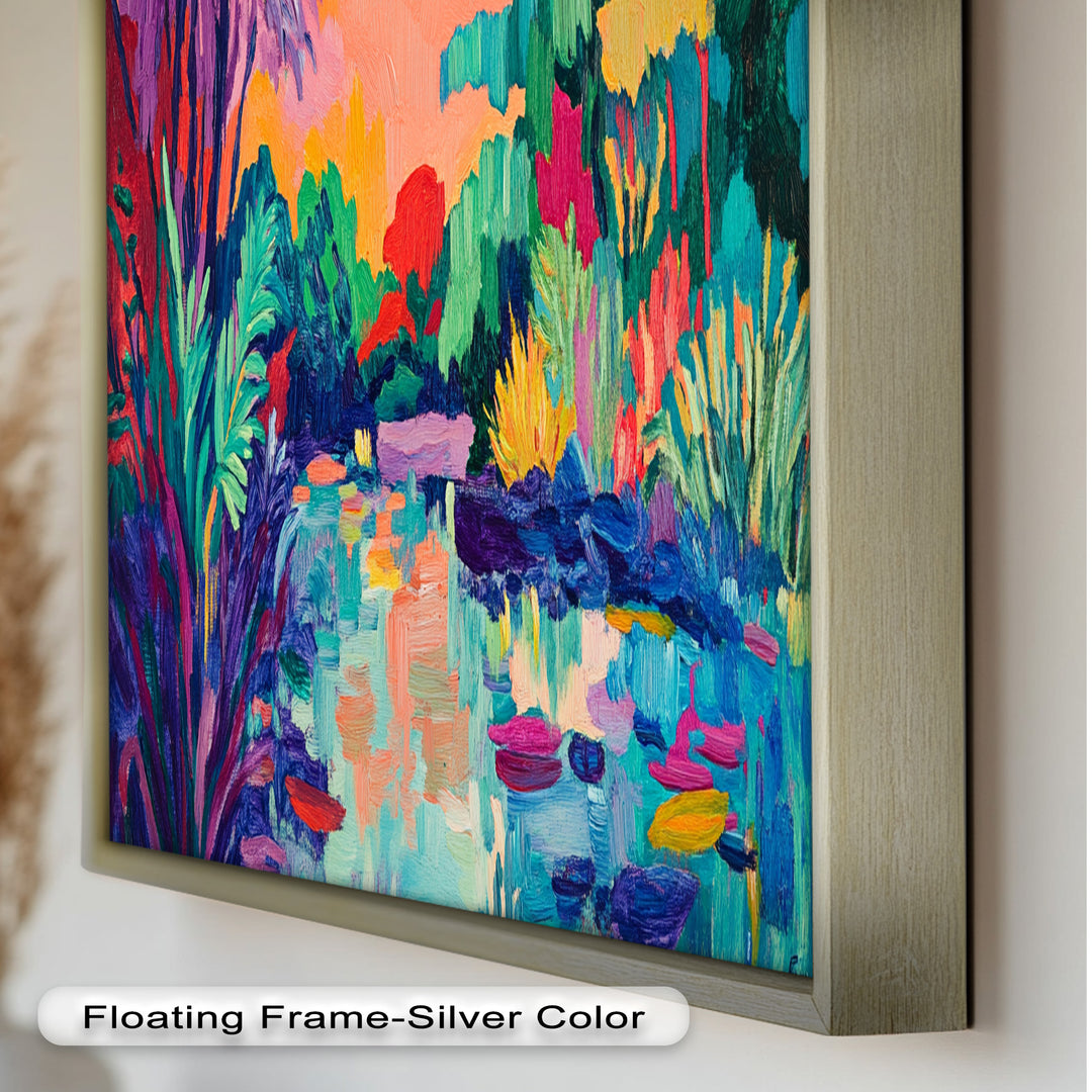 Sunset Reflections Oil Painting – Fauvist Lakeside Dreamscape