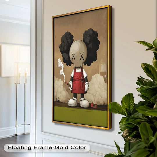 A geometric composition of KAWS' iconic skull motif dominates this modern oil painting art, framed in gold.