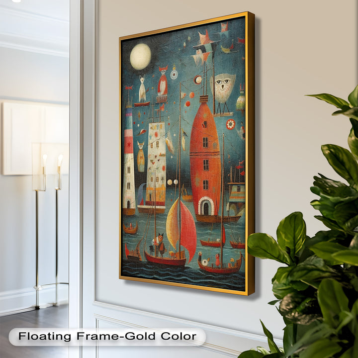 Moonlit Harbor Parade – Surreal Cat and Owl Fantasy Oil Painting