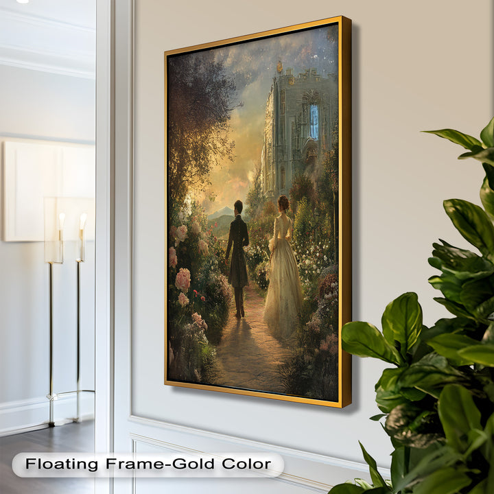 Victorian Lovers at Twilight – Romantic Garden Walk Oil Painting
