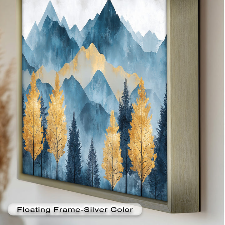 Blaue und goldene Aquarell-Berglandschaftskunst – Atemberaubende Ölgemälde