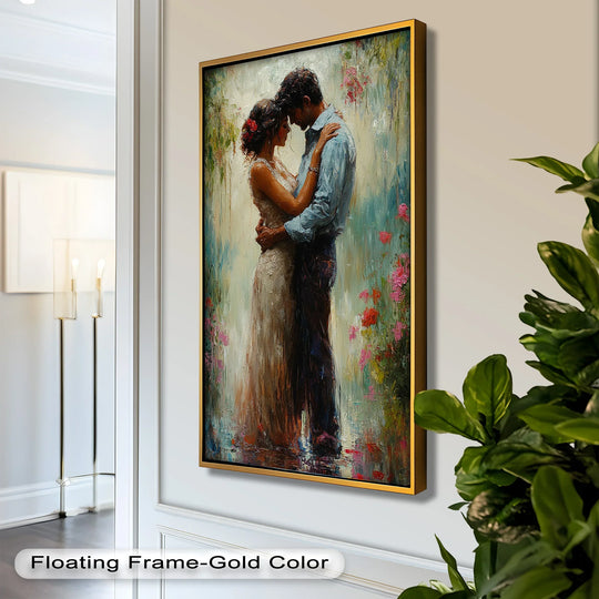 Softly painted blooms surround the embracing couple in this romantic love oil painting art piece, adding a tender touch to a timeless composition.