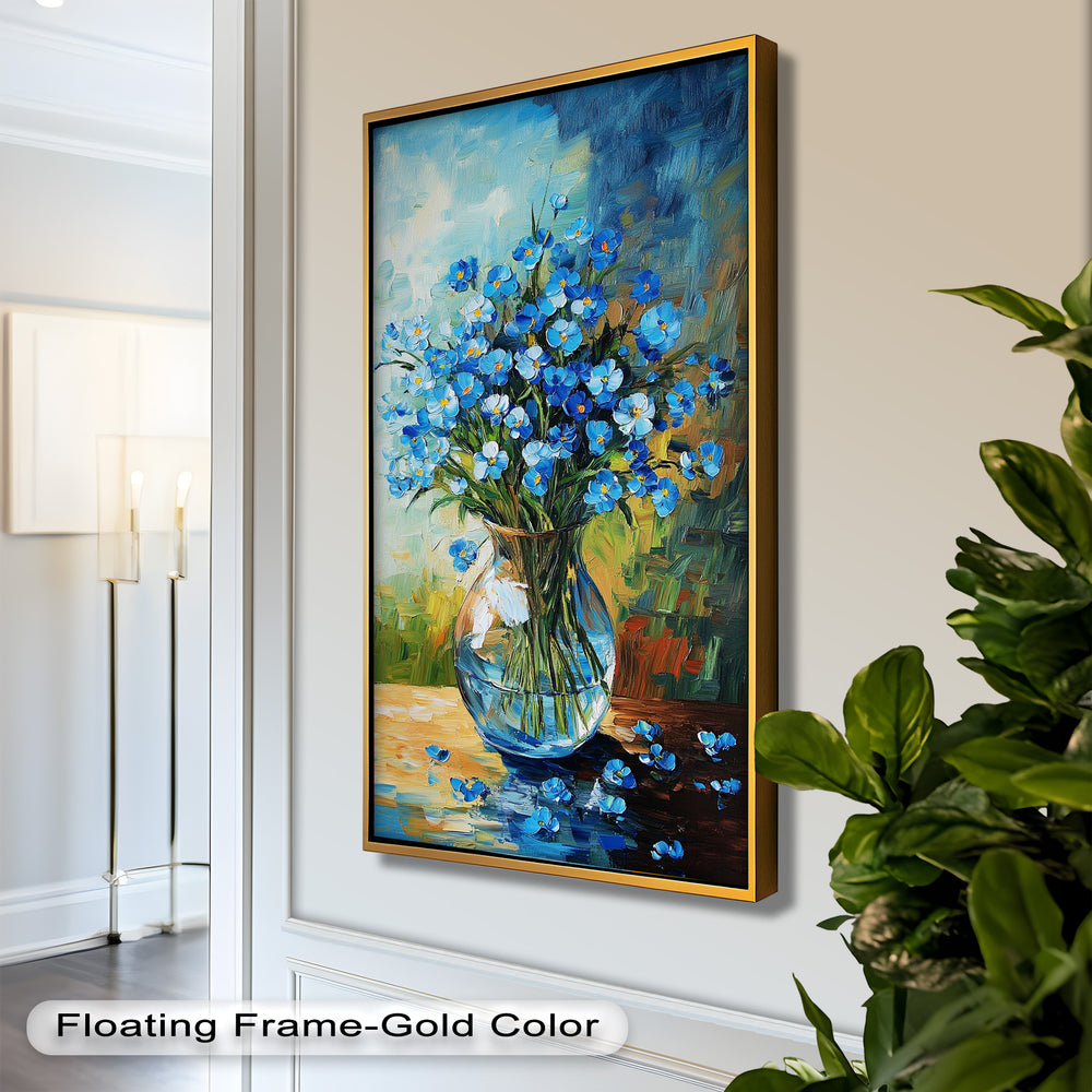 An expressive floral artwork featuring a bouquet of blue blossoms in a glass bowl, with petals scattered on the table.