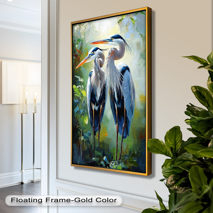 Pair of Herons in Forest Light – Animal Oil Painting