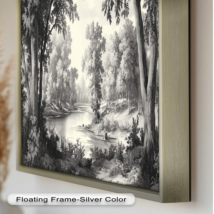 Zeitloser Waldfluss – Monochromes Landschaftsölgemälde