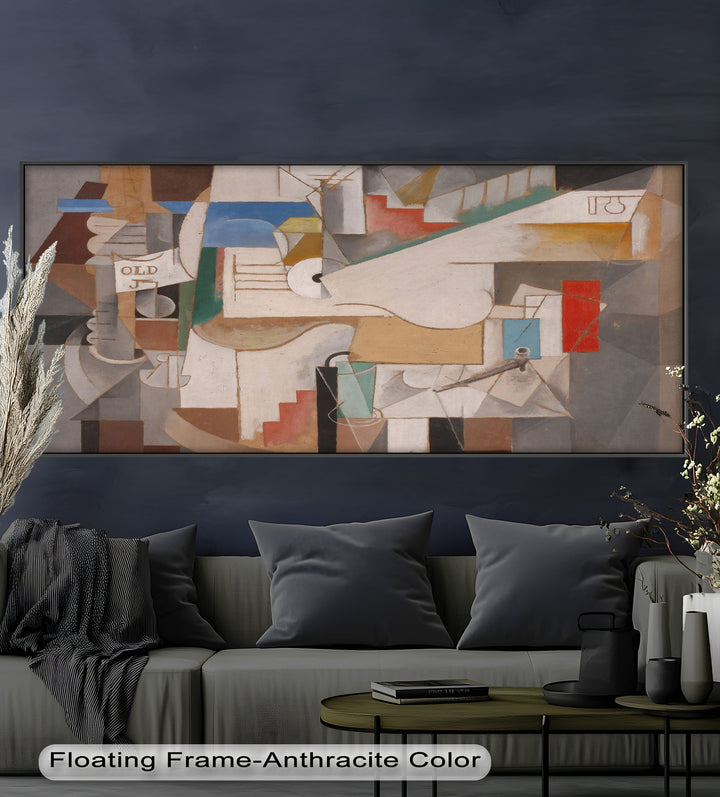A refined cubist artwork featuring stair-like forms, curves, and symbolic references to instruments and printed text.
