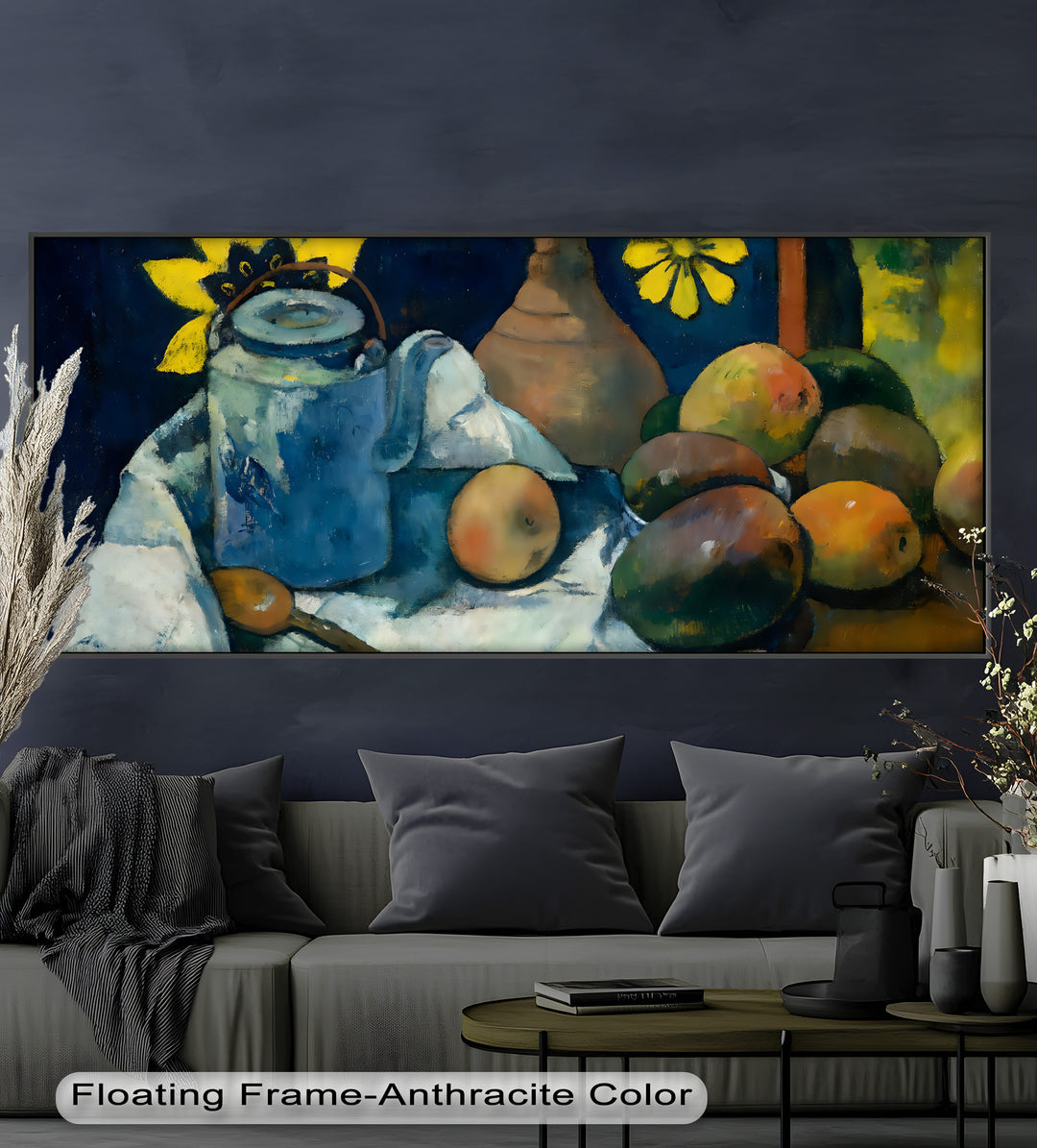 Rustikales Stillleben mit Mangos und Teekanne – Food Paintings