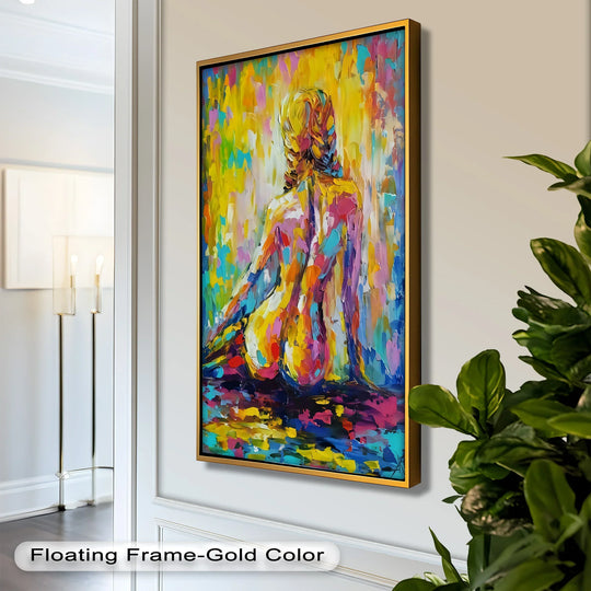 Gold-tone finishes highlight the frame on this vibrant 'Radiant Reverie' nude impressionist oil painting, enhancing its value as an oil painting decoration for any space.