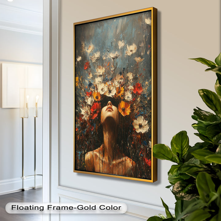 Floral Rebirth – Woman with Blossoming Crown Abstract Oil Painting