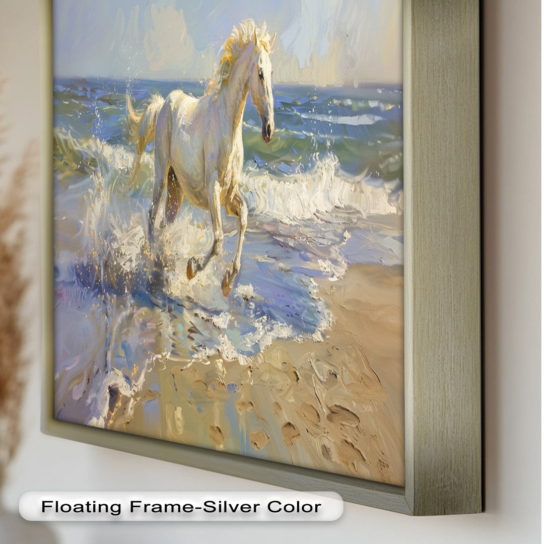 White Horse Galloping on Beach – Dynamic Oil Painting