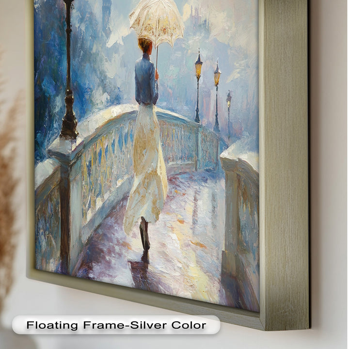 Woman with Umbrella on Cobblestone Bridge – Oil Painting