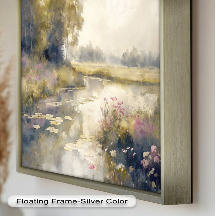 Soft Floral Riverside Wall Art – Romantic Nature Oil Painting
