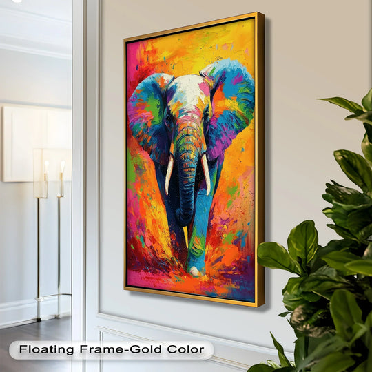 Featuring a gold-toned finish, this vibrant elephant oil painting art prints adds a captivating pop of color with a color explosion.