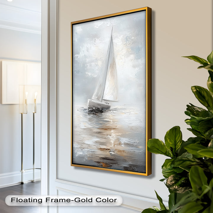 Sailing Through the Mist – White Boat Oil Painting