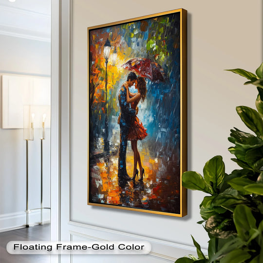Glow from the lamp post highlights the couple in this evening embrace oil painting artwork, a romantic rainy street scene capturing the essence of love.