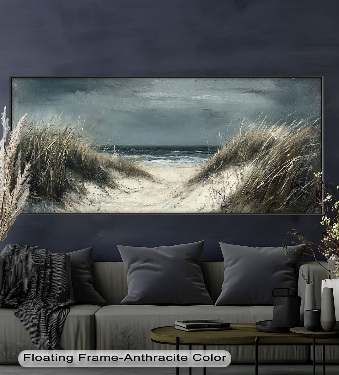 This moody coastal painting captures a quiet, windswept path through sand dunes leading to a dark, brooding sea beneath a stormy sky.