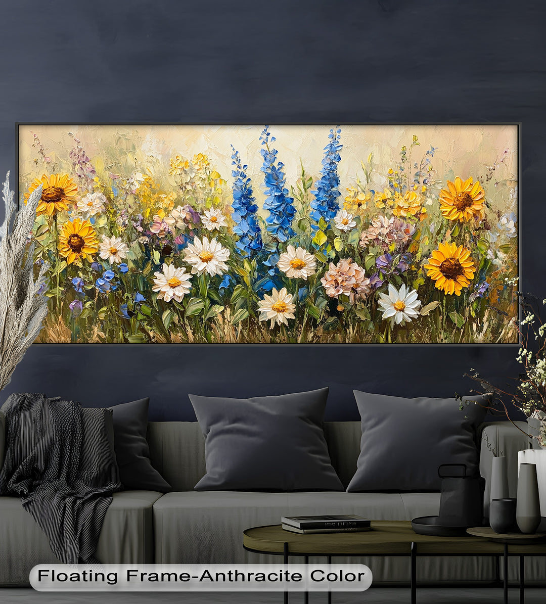 A richly textured floral artwork featuring a harmonious blend of colorful wildflowers in full bloom across a golden field.