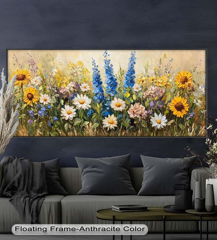A richly textured floral artwork featuring a harmonious blend of colorful wildflowers in full bloom across a golden field.