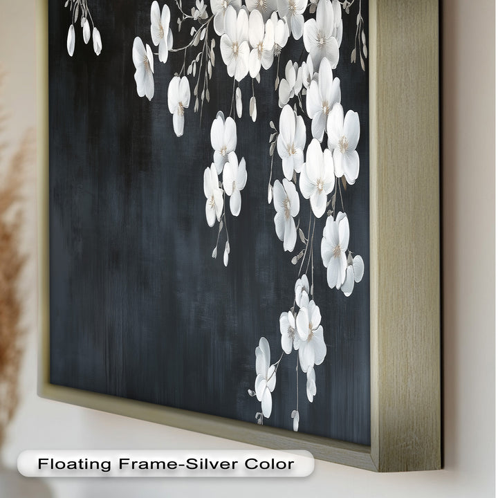 White Cherry Flowers on Midnight Blue - Flower Oil Painting