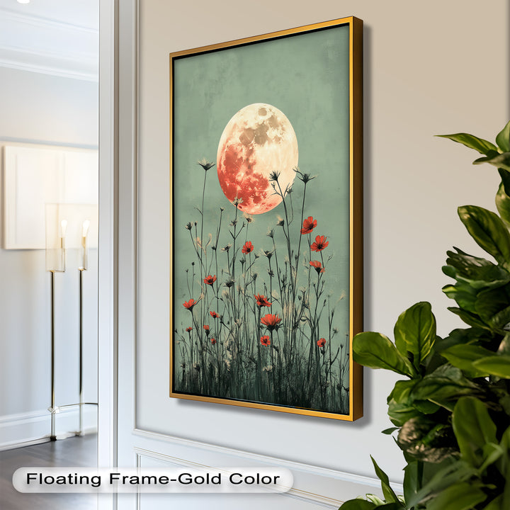 Celestial Wildflowers – Full Moon Over Red Meadow Blooms Oil Painting