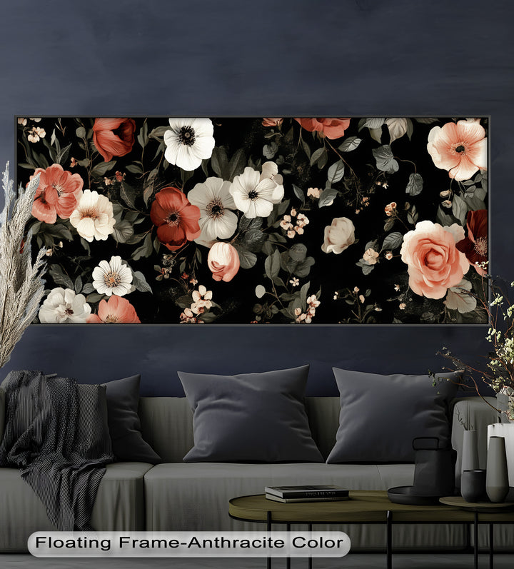 A timeless floral wallpaper style image with softly shaded petals and gentle foliage in a moody, vintage palette.

