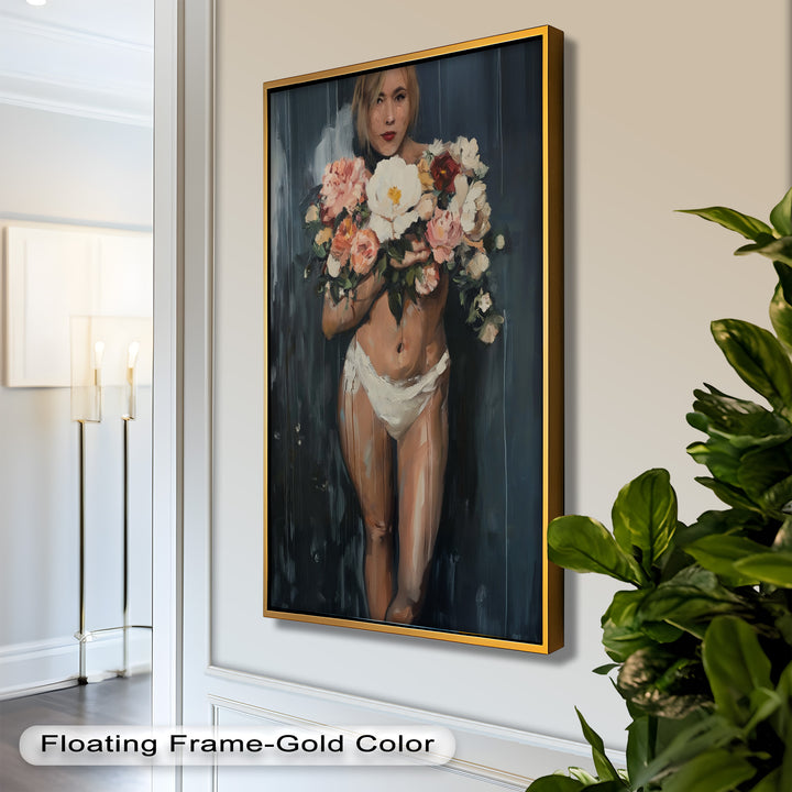 Floral Embrace – Abstract Nude with Blooming Bouquet Oil Painting