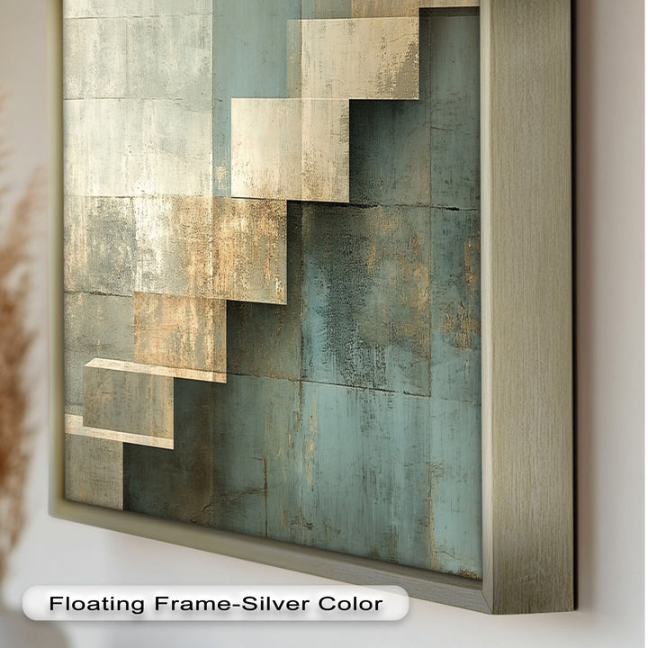 Geometrische Schritte Abstrakt – Blau &amp; Beige Modernes Ölgemälde