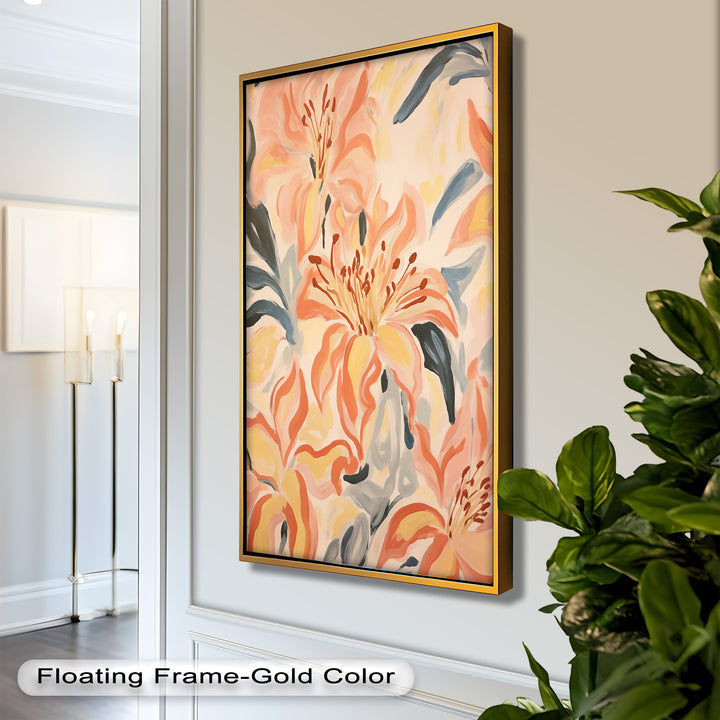 Sunlit Lilies – Abstract Coral Flower Oil Painting