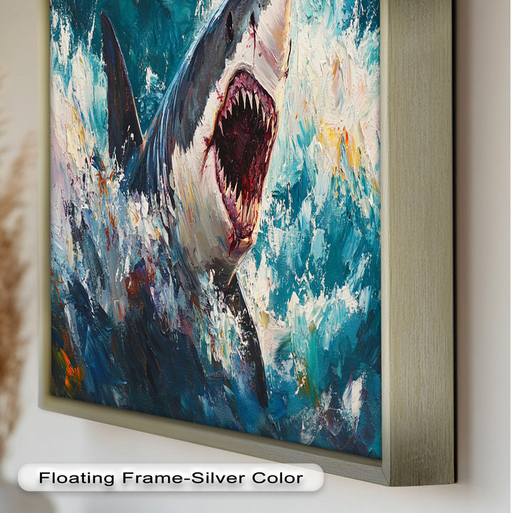 Ferocious Shark Emerging from Turbulent Waters – Animal Oil Painting