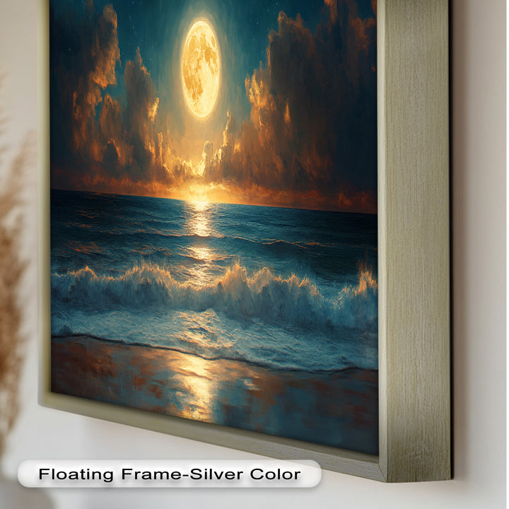 Ocean Night Wall Art Decor - Full Moon Seascape Oil Painting