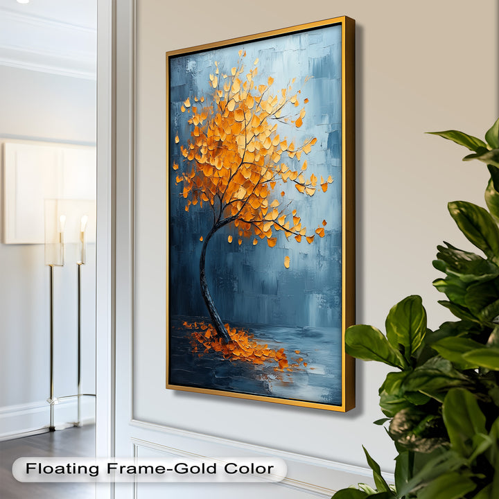 Golden Drift – Bernsteinbaum vor blauem abstraktem Ölgemälde