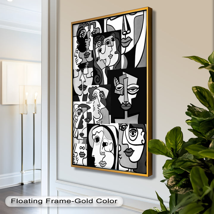 Monochrome Muse – Picasso-inspiriertes Ölgemälde mit kubistischen Gesichtern